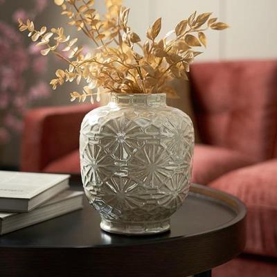 Living Ceramic Pearl Decorative Floral Imprinted Vase, (23Cm Height, White)