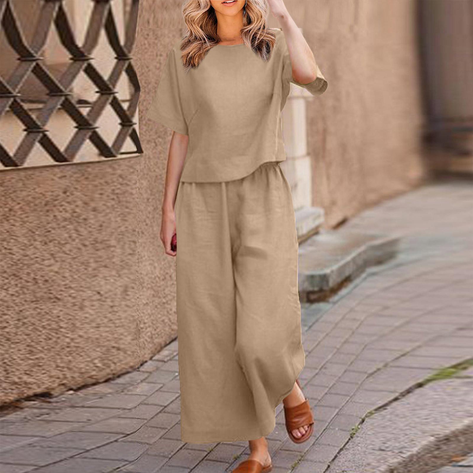 Women Casual Two Piece Set Pullover Top and Wide Leg Pants Round Neck Short Sleeve Loose Fit Vintage Style Relaxed Fit S хаки
