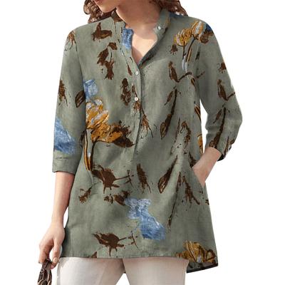 Women V-neck 3/4 Sleeve Blouse Tops Summer Retro Floral Print Cotton Shirts