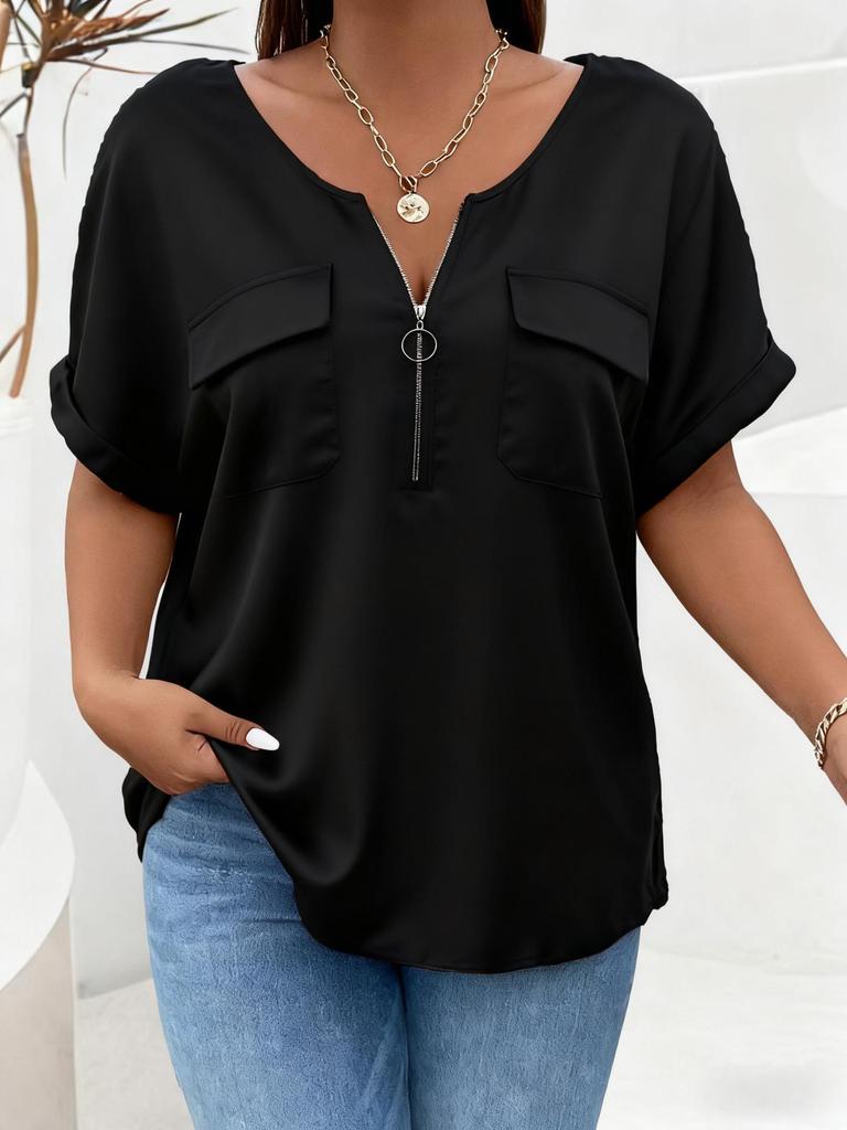 2026 Spring-Summer Solid Color Plus Size Women's Zipper Pocket Short Sleeve Loose T-Shirt