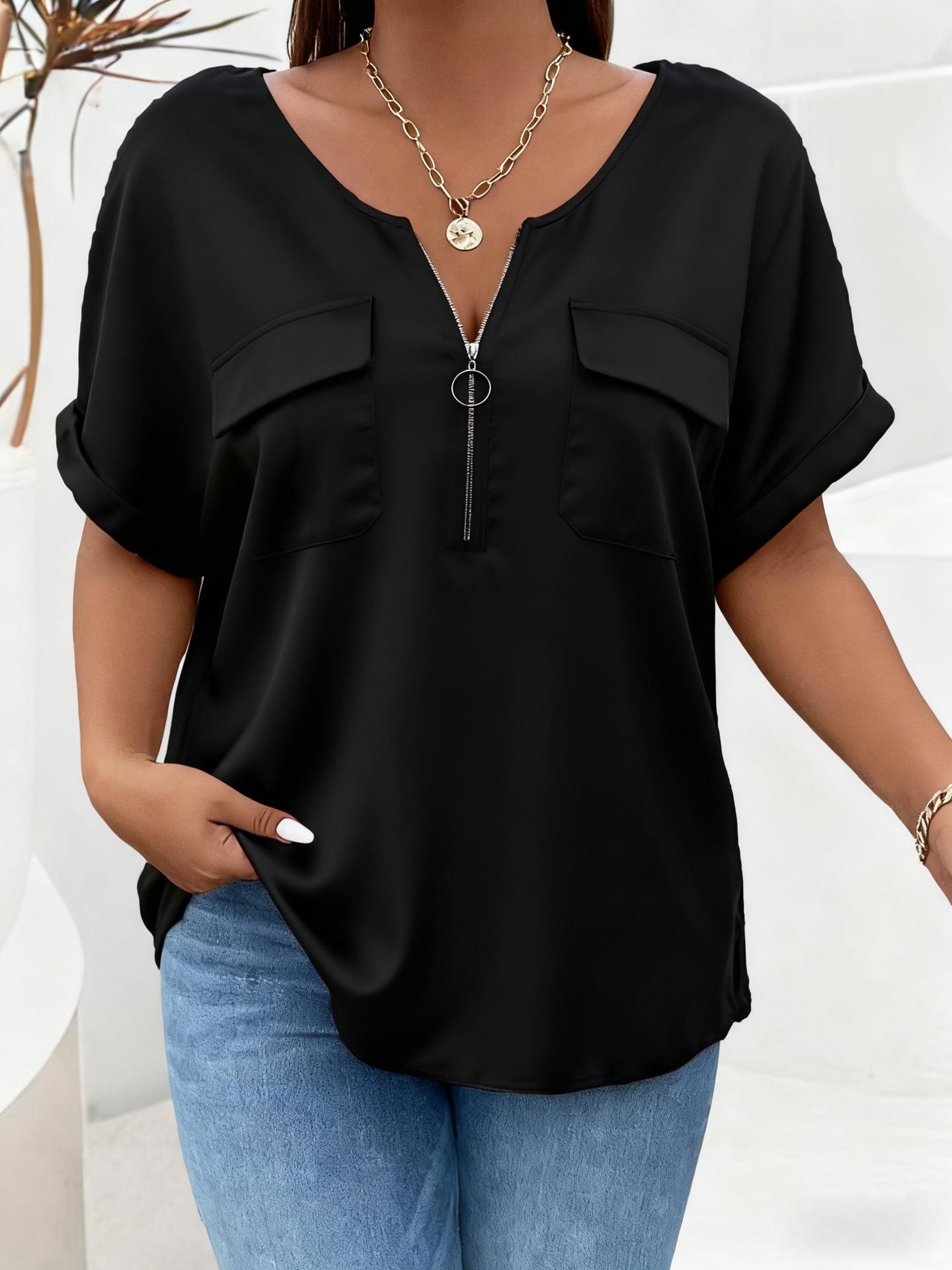 

2026 Spring-Summer Solid Color Plus Size Women s Zipper Pocket Short Sleeve Loose T-Shirt 4XL чорний