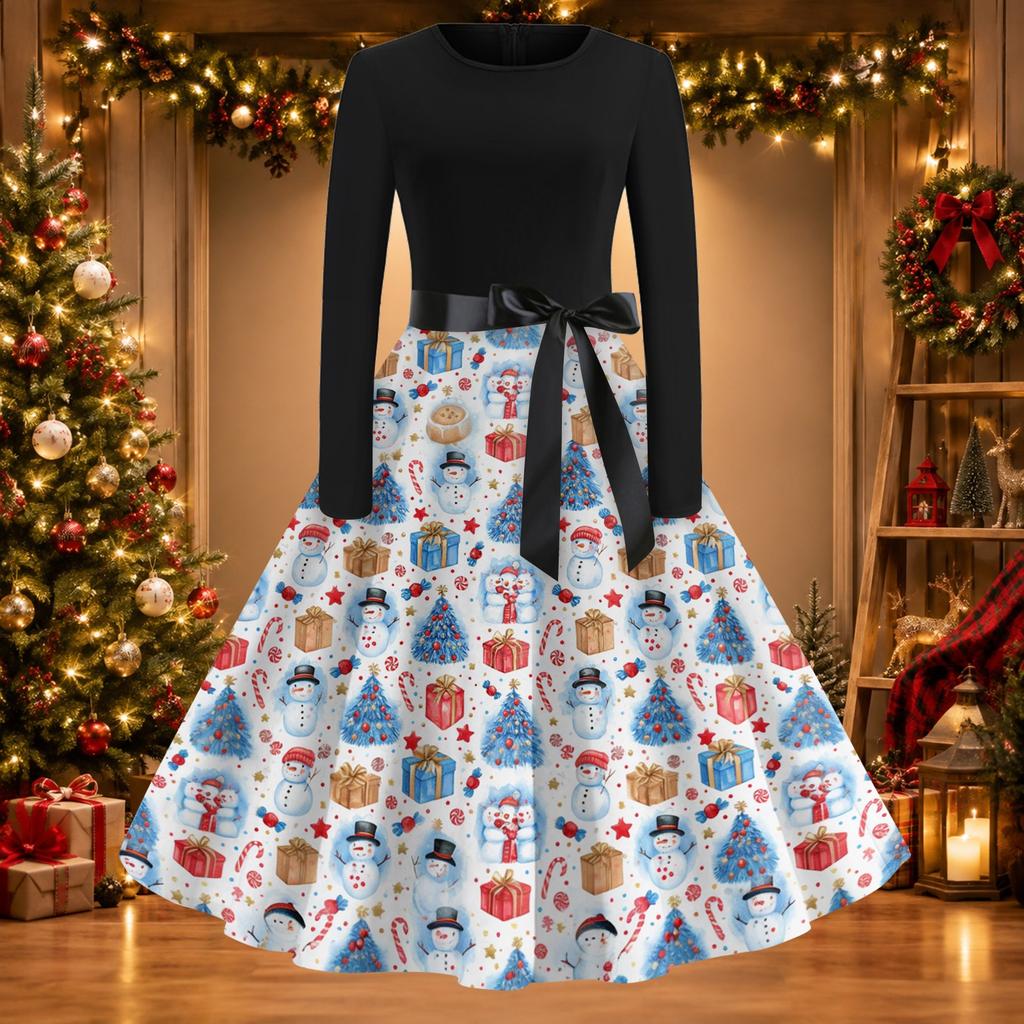 Women's Casual Fashion Christmas Print Round Neck Vintage Dress for Holiday Parties