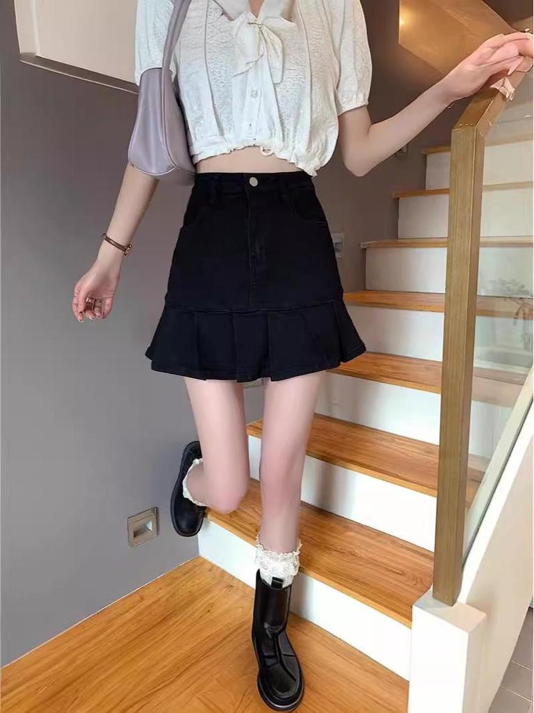 2024 New Petite High-Waist Gray A-Line Pleated Skirt for Women