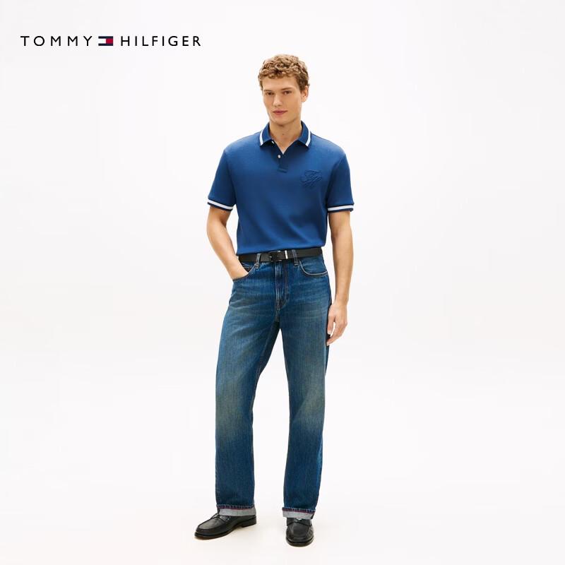 Tommy Hilfiger Men's Textured Cotton Embroidered Loose Fit Short Sleeve Polo T-shirt