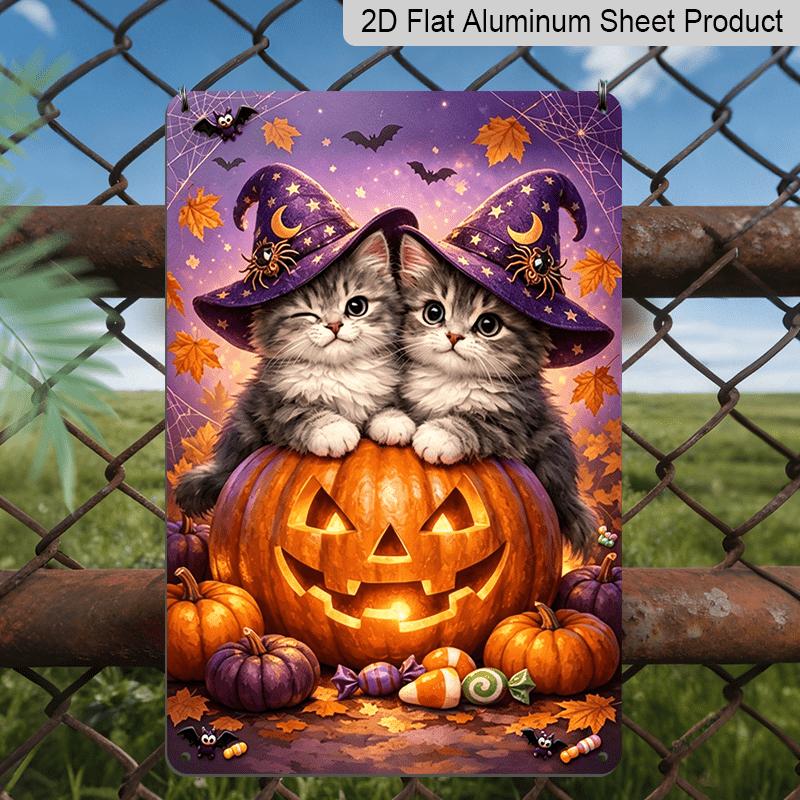 2D Flat, 1pc Cute Witch Kitten Pumpkin Aluminum Sign, Halloween Wall Decor, Mystery Wall Art for Halloween Themed Space - Perfect for Spooky