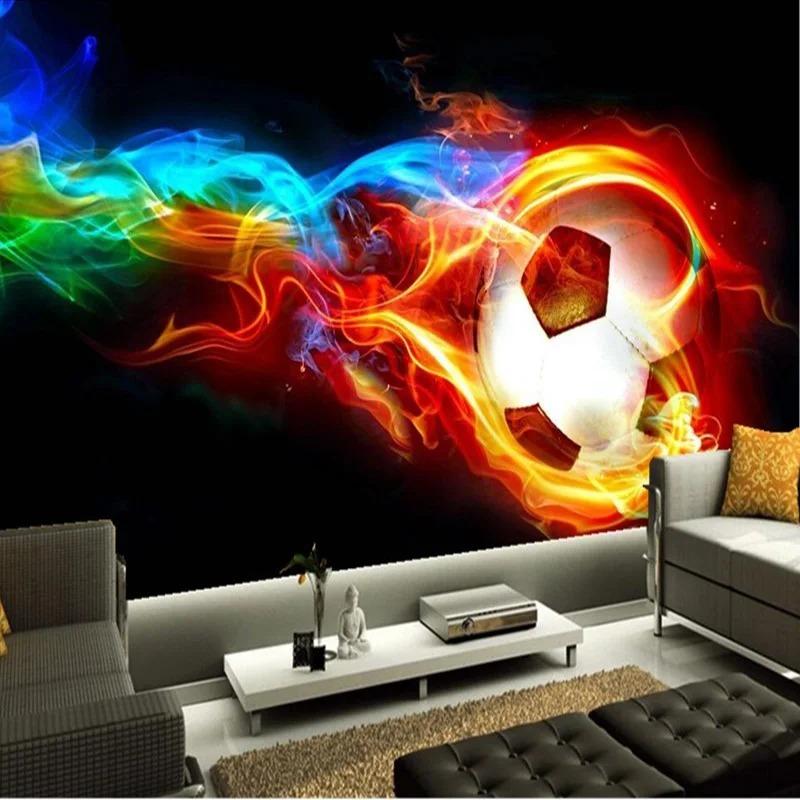 Murale Fotografico 3D Pallone da Calcio Fiamma Colore Freddo Carta da Parati Design per Soggiorno Camera da Letto