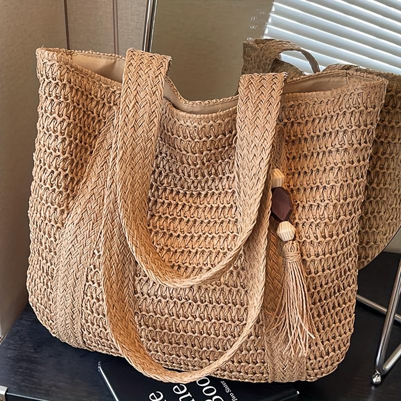 Women'S Fashion Solid Color Shoulder Bag Stylish Beach Tote Woven Texture Bag Daily Outings, Shopping, Commuting, School Bag