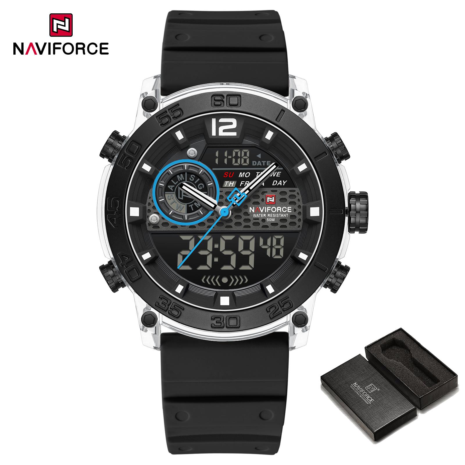 

NAVIFORCE Men s Sports Watch Quartz Movement LCD Digital Watch Date Day Chronograph Waterproof Silicone Strap Boys Multifunctional Watch NF6104 срібний/чорний