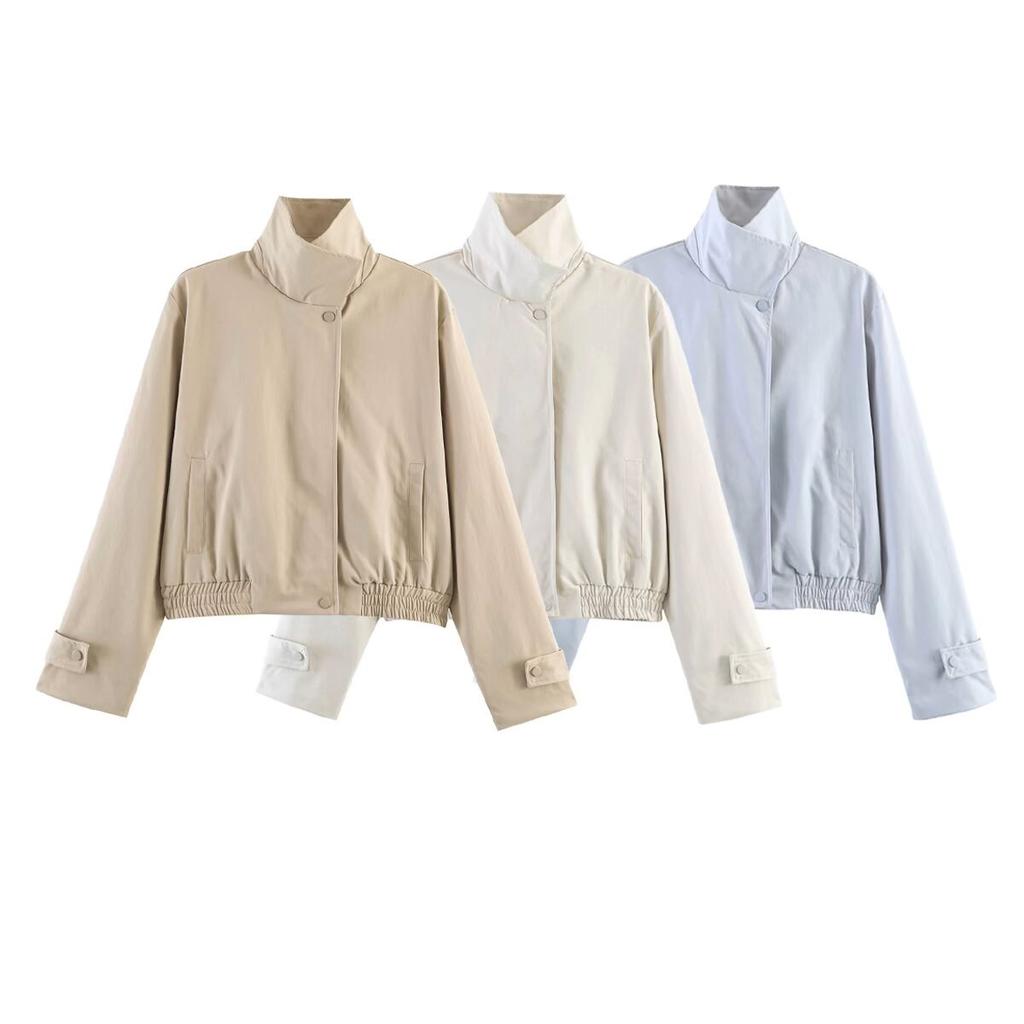New, stand-up collar trap placket hem elastic waist commuter short jacket