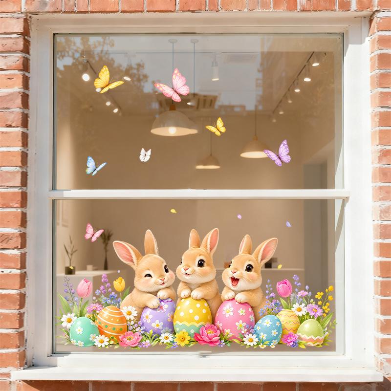 Easter Bunny Butterfly Egg Flower Window Sticker Static Self Adhesive Glass Door Showcase Spring Home Decor