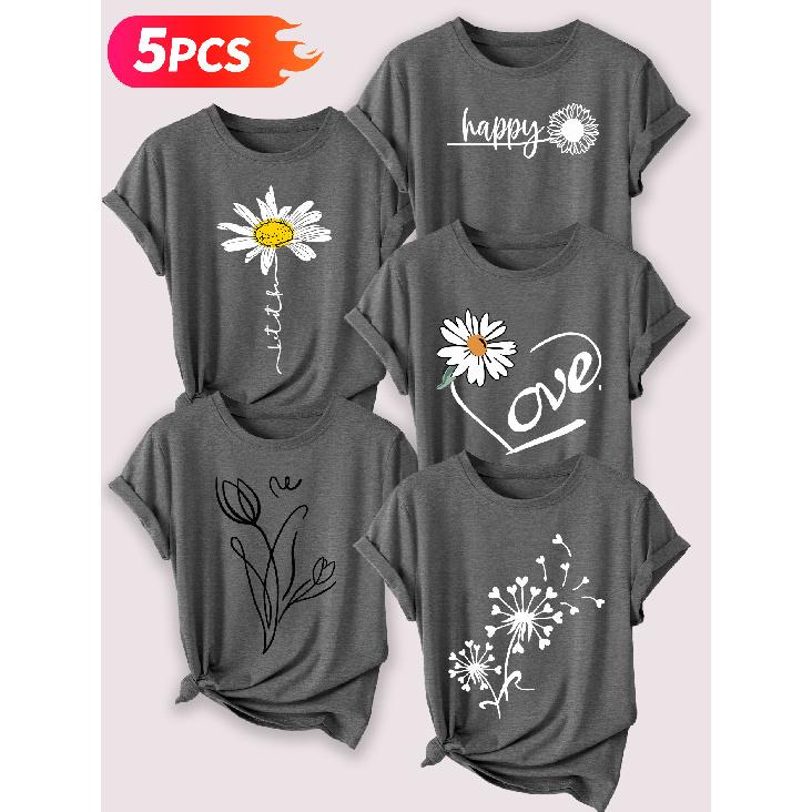 Minimalist hand-drawn small daisy fresh floral print Five-piece set of women's short-sleeve tops Elegant Summer Party Outfits Essential fashion items