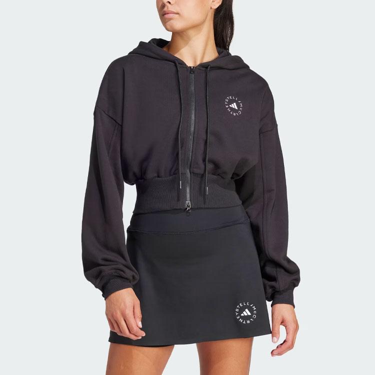 Adidas X Stella McCartney Collaboration Sportswear Cropped Hoodie Solid Logo Short Sleeve Hooded Sweatshirt Women Hoodies Black IN3637