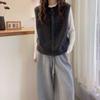Women's Gray Wool Round Neck Cardigan Vest - 100% Wool, Perfect for Autumn/Winter Layering