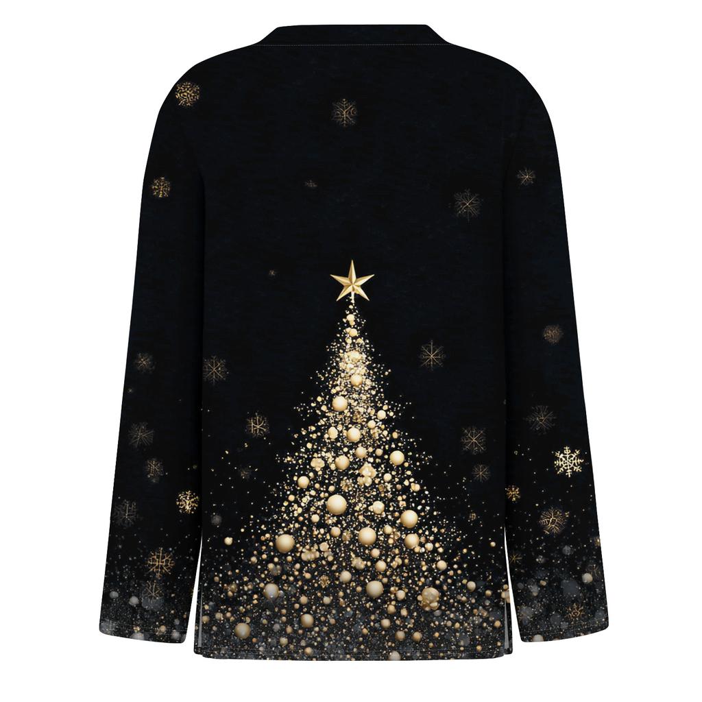 Women's Fashion Casual Slit Hem Round Neck Long Sleeve Loose Printed T-Shirt Ladies Top Christmas