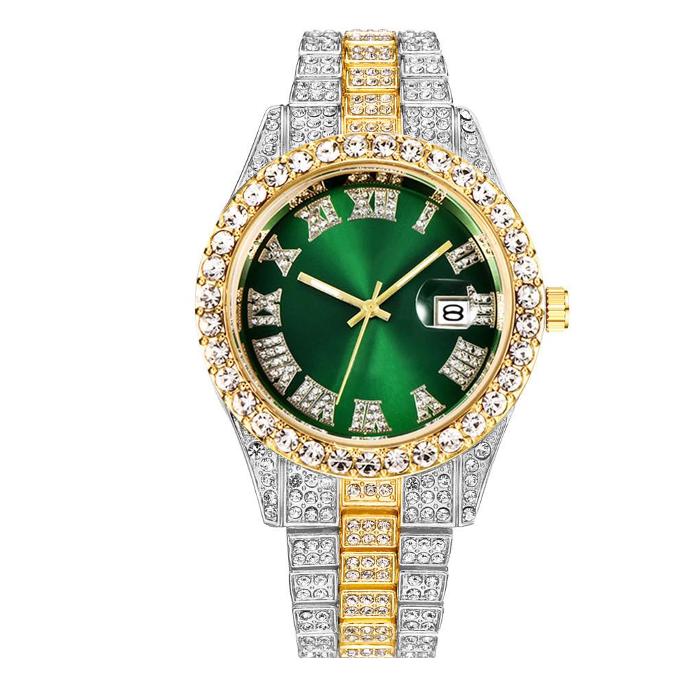 New Men's Full Diamond Steel Band Quartz Watch with Calendar
