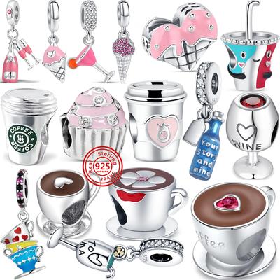 925 Sterling Silver Coffee Cup Ice Cream Wine Glass Pavé Shiny Pendant Beads Fit Charms Bracelet Jewelry