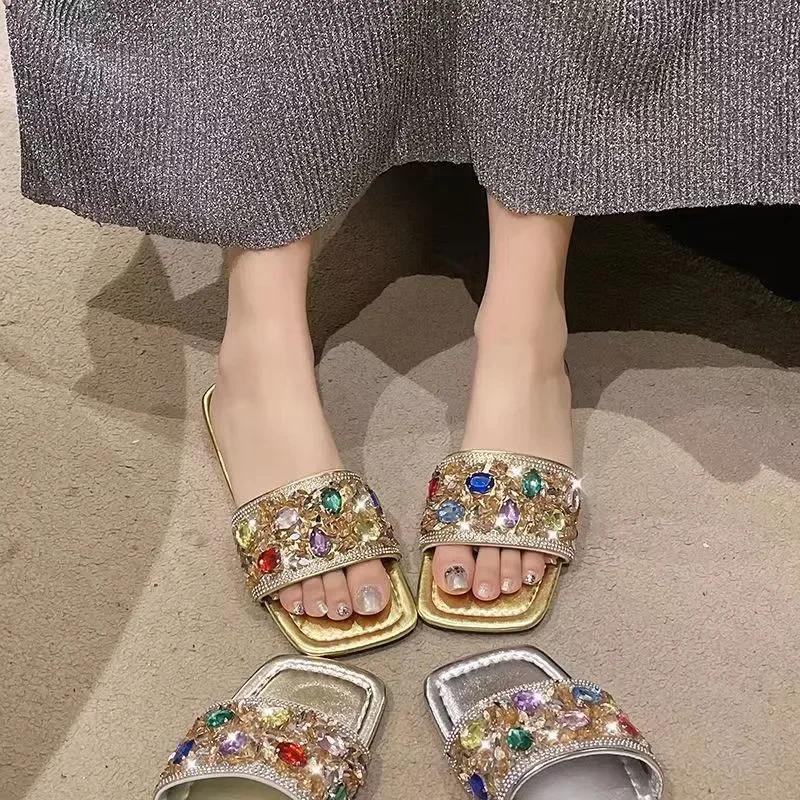 2024 Vară Nou Papuci de Damă cu Cristale Pantofi cu Vârf Deschis pentru Femei Modă Lux Plajă Papuci de Plajă Antiderapanți Femei Zapatos