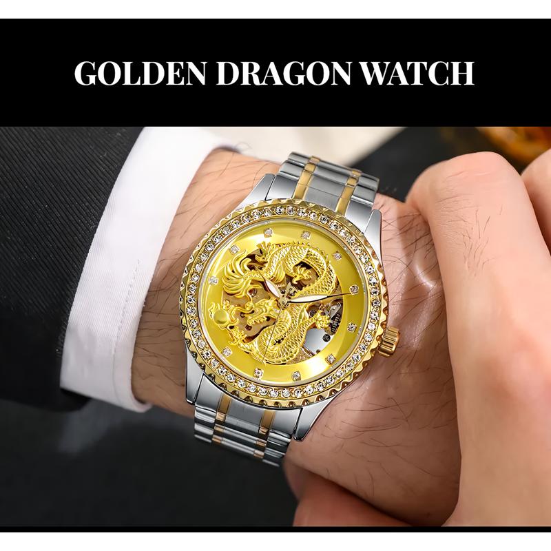 Dulunwe Dragon Watch Skeleton Men's Wrist Watches Luxury Automatic Mechanical Diamond Waterproof Luminous Stainless Steel Watches