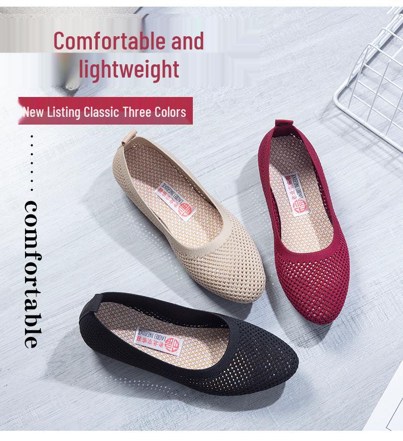 Old Beijing Women's Mesh Sandals: Shallow Cut, Hollow Pointed Toe, Versatile Flat Bottom, Soft Sole for Spring & Summer.