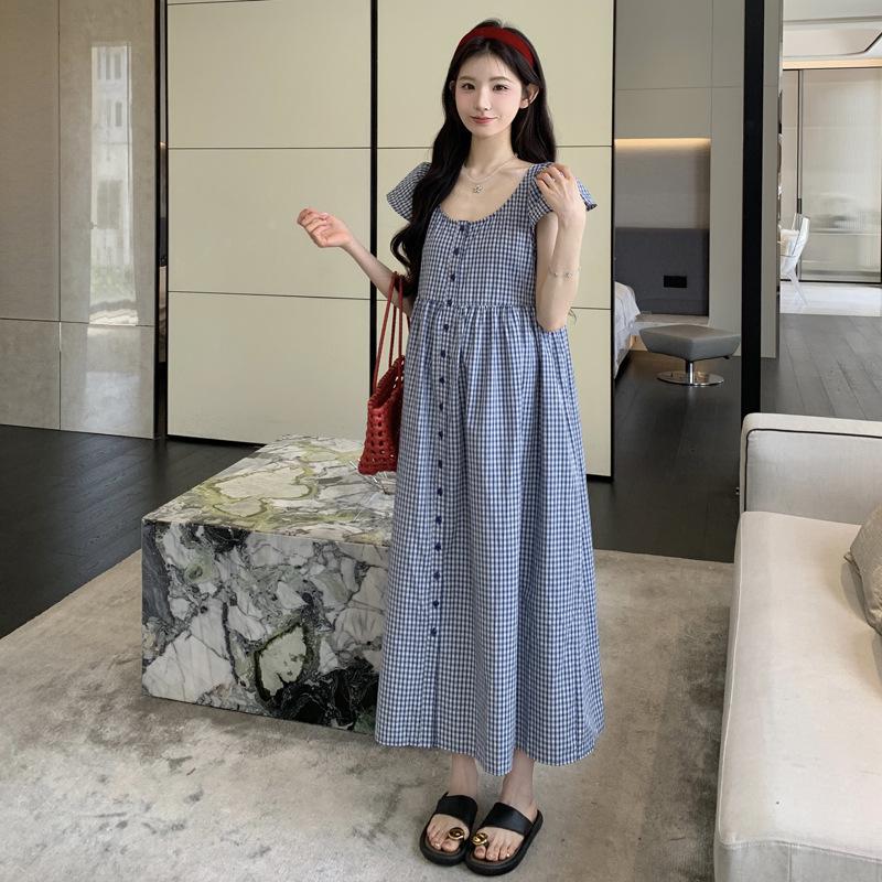 2026 Summer Blue Plaid Maternity Dress: Fresh & Sweet Fashion L