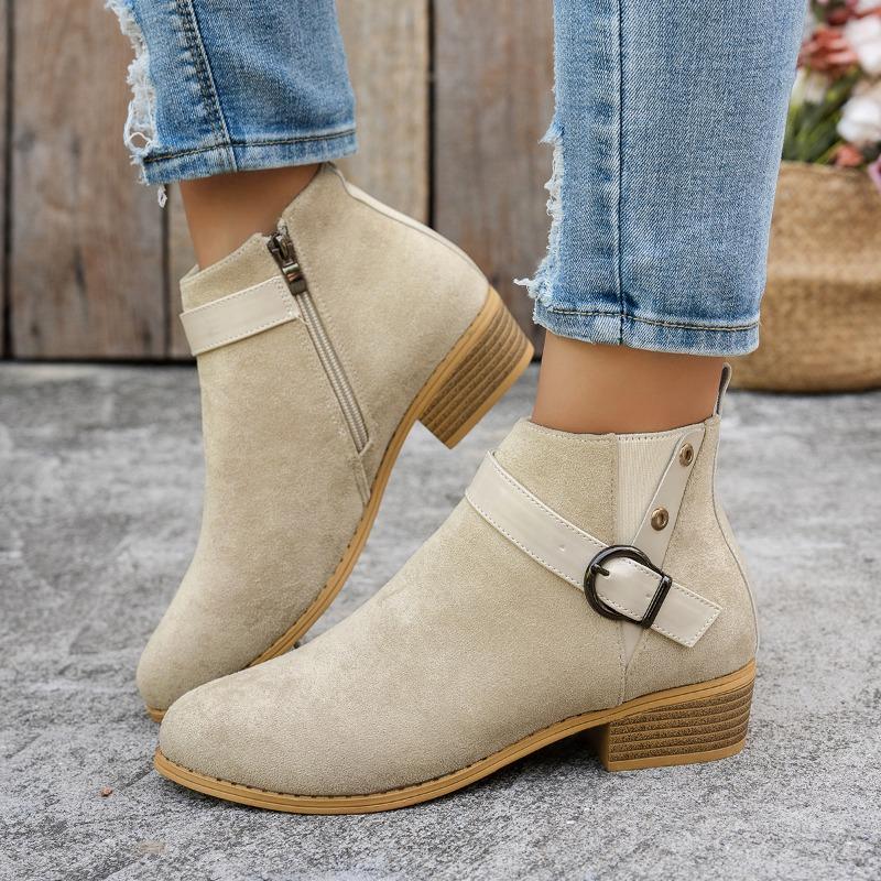 Large Size Short Boots Women's Pointed Head Heel Side Zipper Suede Belt Buckle Martin Boots Women's Boots