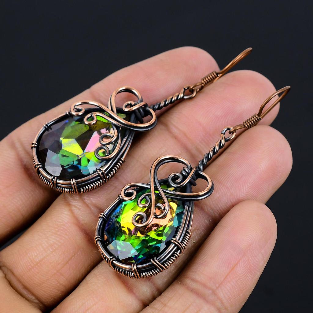 Rainbow & Mystic Topaz Earrings Gemstone Jewelry, 999 Copper Wire Wrapped Earrings, Handmade Beautiful Jewelry Earrings
