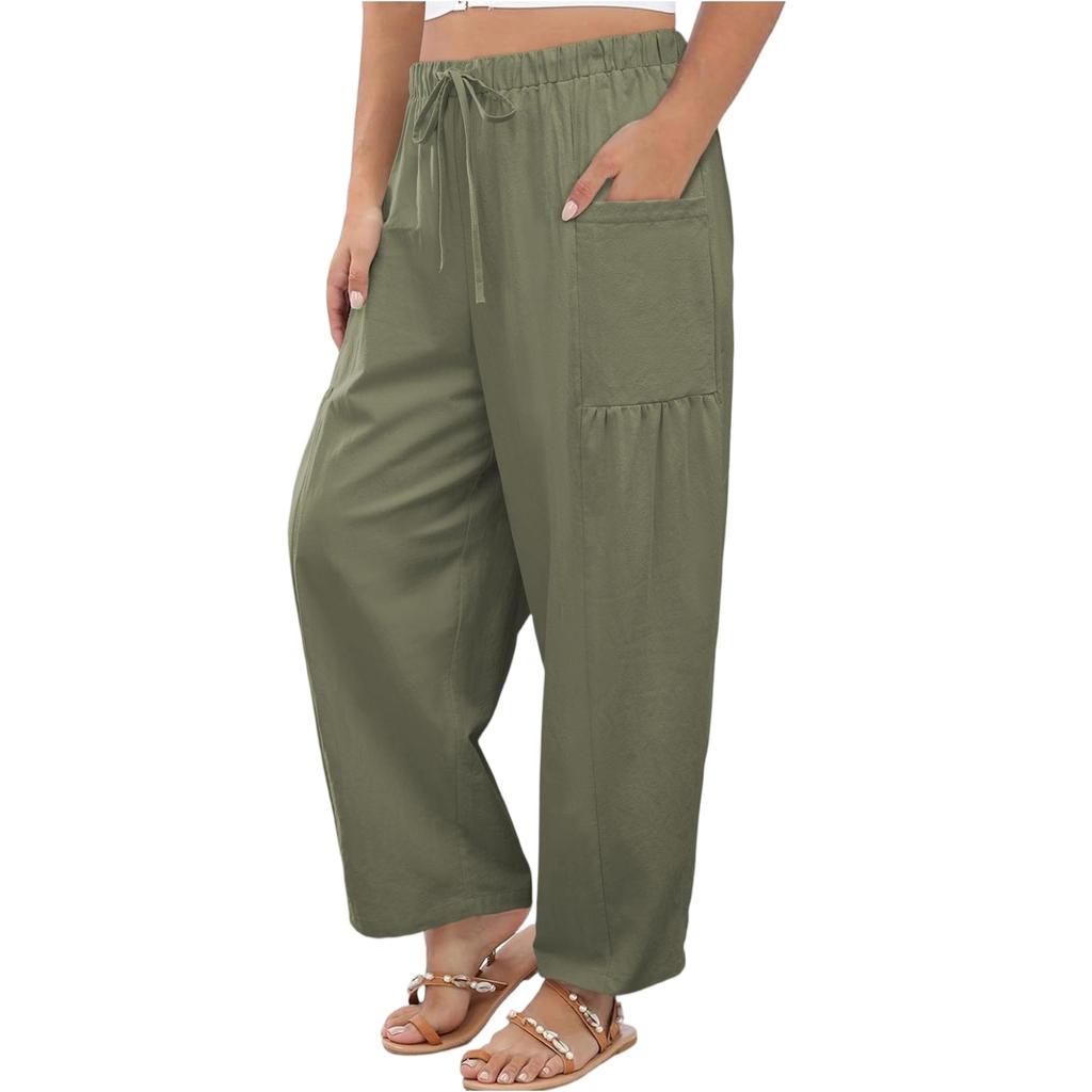 Women Elastic High Waist Pant Casual Fit Wide Leg Long Pants Trousers With Pockets
