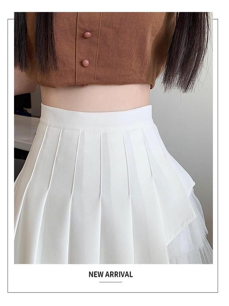 High-Waist A-Line Mesh Pleated Skirt: Women's Summer/Spring 2024 Short Skirt Pants