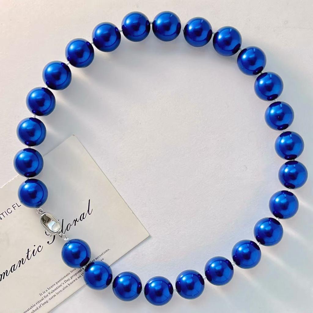 16Mm Vintage Haute Couture Large Grain Ink Blue Bottom Peacock Blue Faux Crystal Pearl Necklace Collarbone Chain