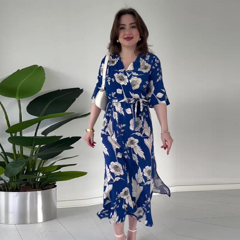 2024 Sommer Damen V-Ausschnitt Bindegürtel Mode Druck Schlankmachendes Kleid