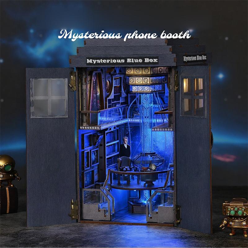 

Mysterious Telephone Booth Diy Wooden Puzzle Handmade Bookshelf Dollhouse Model Bookend Building Block Gifts Home Decorations