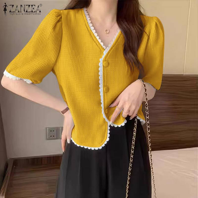 ZANZEA Women Casual Lace Splice V-Neck Summer Half Sleeve Blouse