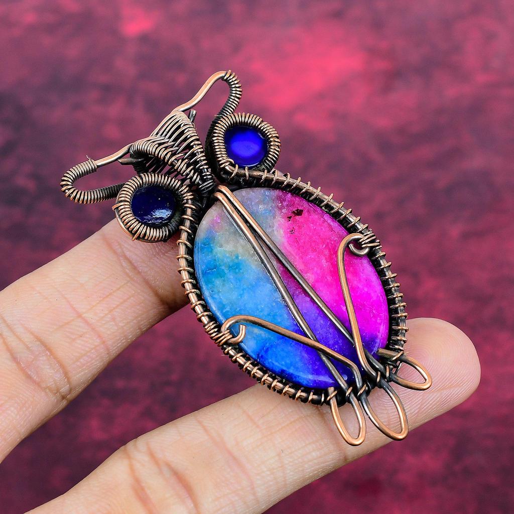 Rainbow Solar Quartz Druzy Pendant Owl Pendant Copper Wire Wrapped Blue Evil Eye Pendant