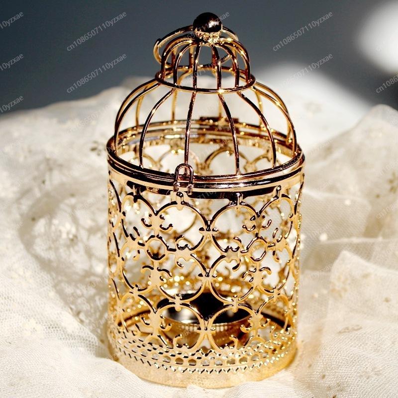 Desktop wrought iron, home hollow candle holder, bird cage shape, home European light luxury gold candle holder