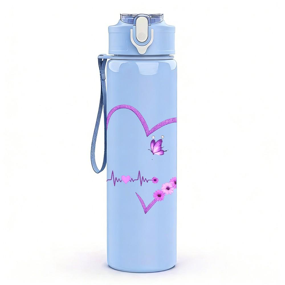 1PC Glitter Purple Heart Hand Drawn Print 750ml Color Plastic Sports Water Bottle Leakproof Flip Straw Lid Suitable for Sports Office Home Use