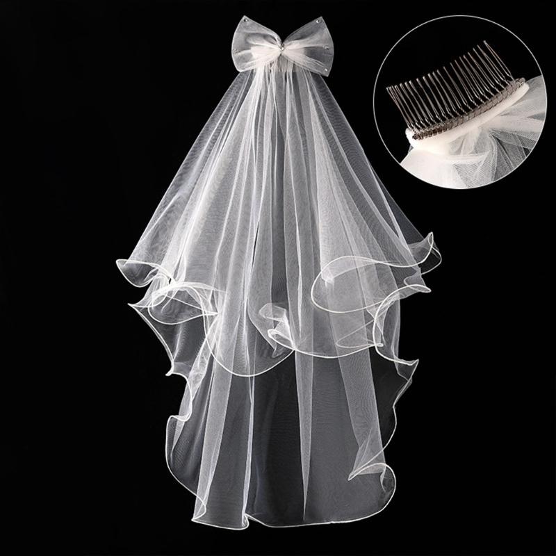 Wedding Veil with Metal Comb Wedding Hair Accessories for Flower Girl 2 Tier Longest Tulle 28" Embellished with Bow