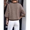 Women Loose Fit Crew Neck 3 4 Sleeve Striped Knit Sweater