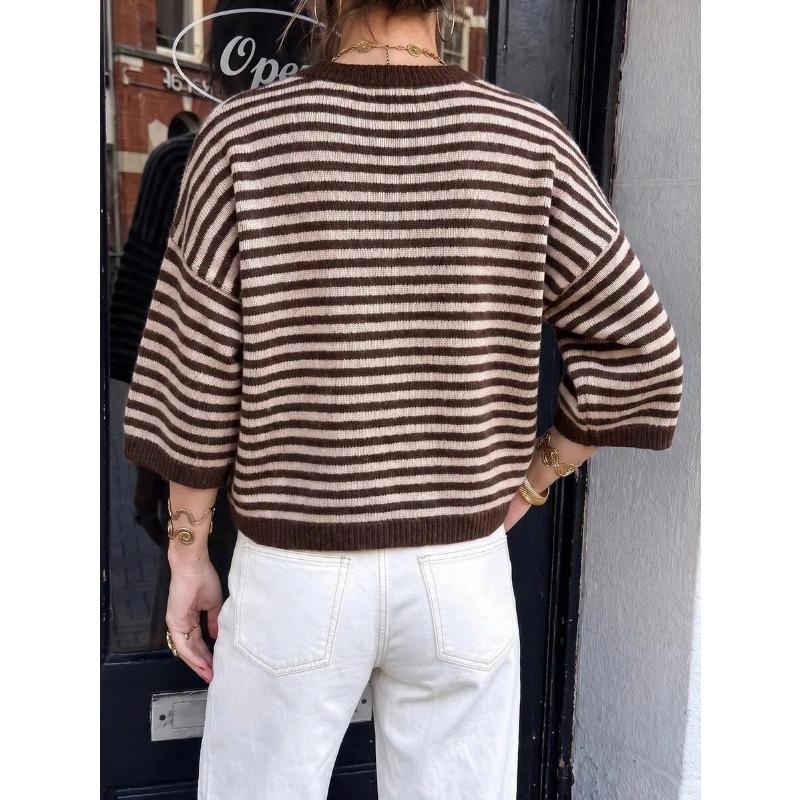 Women Loose Fit Crew Neck 3 4 Sleeve Striped Knit Sweater