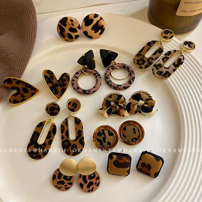 Silver Needle Leopard Heart Bow Geometric Dangle Earrings - Trendy Korean Style for Women