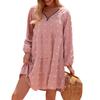 Women's Mini Dress Long Sleeve Swiss Dot Dress V Neck Zipper Casual Pleated Flared A Line Swing Dress