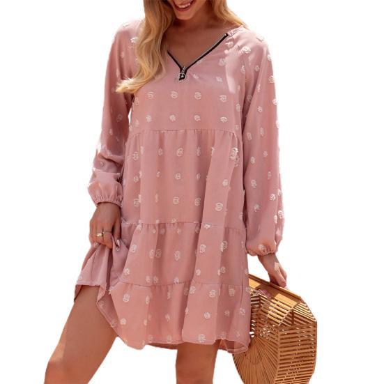 Women's Mini Dress Long Sleeve Swiss Dot Dress V Neck Zipper Casual Pleated Flared A Line Swing Dress