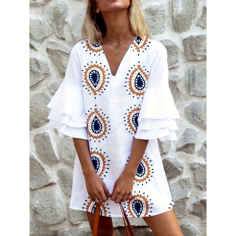 TIFICY Women's Fashion Summer Spring Stripe Print 1/2 Sleeves V-Neck Loose Waistlinet Casual Dresses
