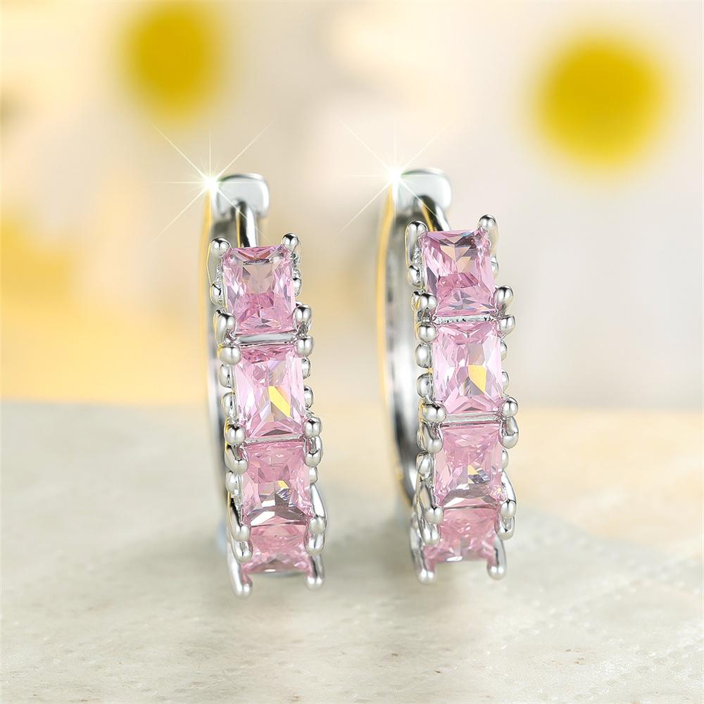 Square Stone Elegant Pink Crystal Zircon Hoop Earrings For Women Trendy Silver Color Small Ear Buckle Wedding Jewelry Party Gift