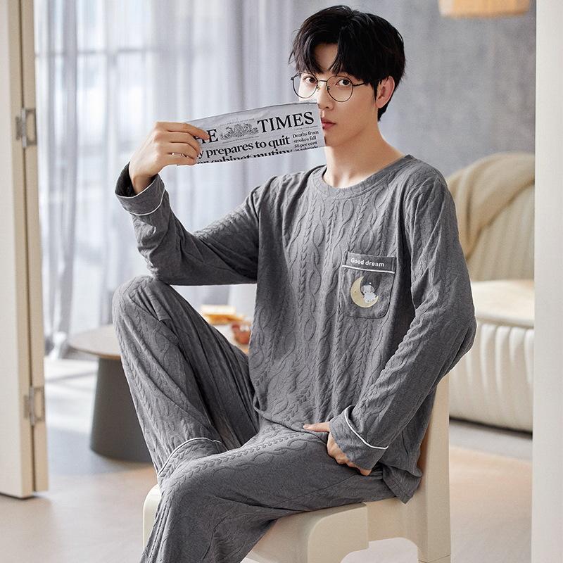 Cotton Nightwear for Men 2 Pieces Set Pajamas Spring Long Sleeves Sleeping Tops Trousers Sleepwear