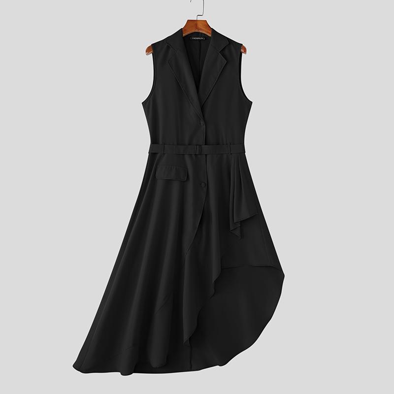 

INCERUN Мужской жилет с лацканами без рукавов на пуговицах, асимметричный, с оборками чёрный