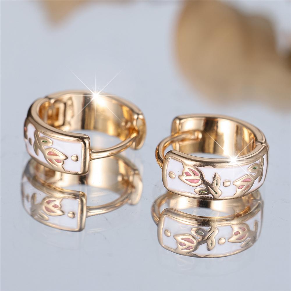 Cute Female Pink Enamel Flower Hoop Earrings Fashion Gold Color Wedding Jewelry For Women