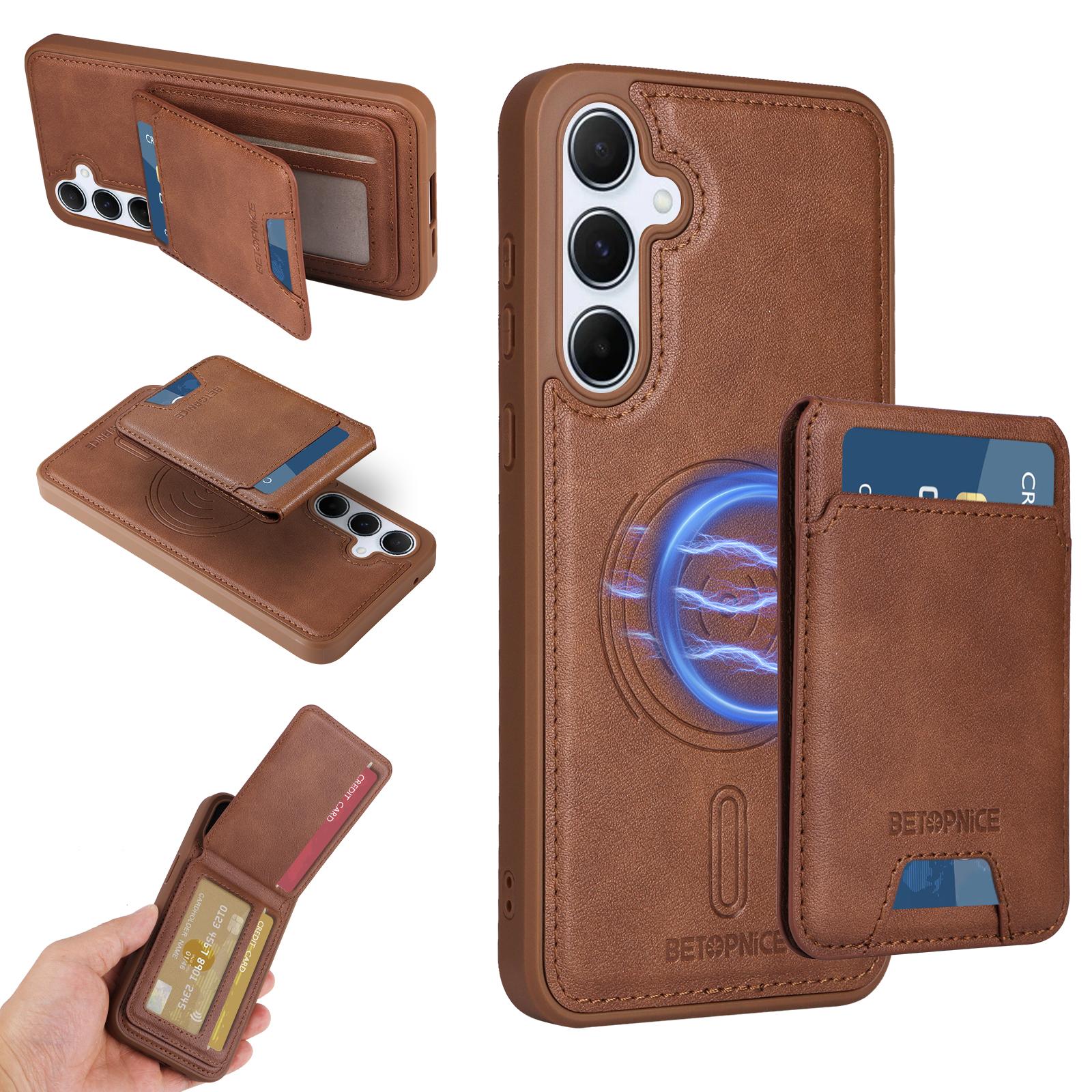 

For Samsung Galaxy A55 5G Magnetic Case BETOPNICE RFID Blocking Leather Phone Back Cover with Detachable Card Bag Brown