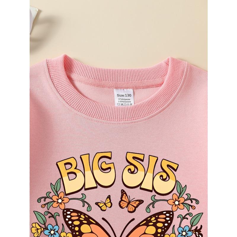 European Sizes Girls' Soft Crewneck Sweatshirt Big Sister Butterfly Floral Design, Casual for Fall Winter, Ideal Holiday Present.