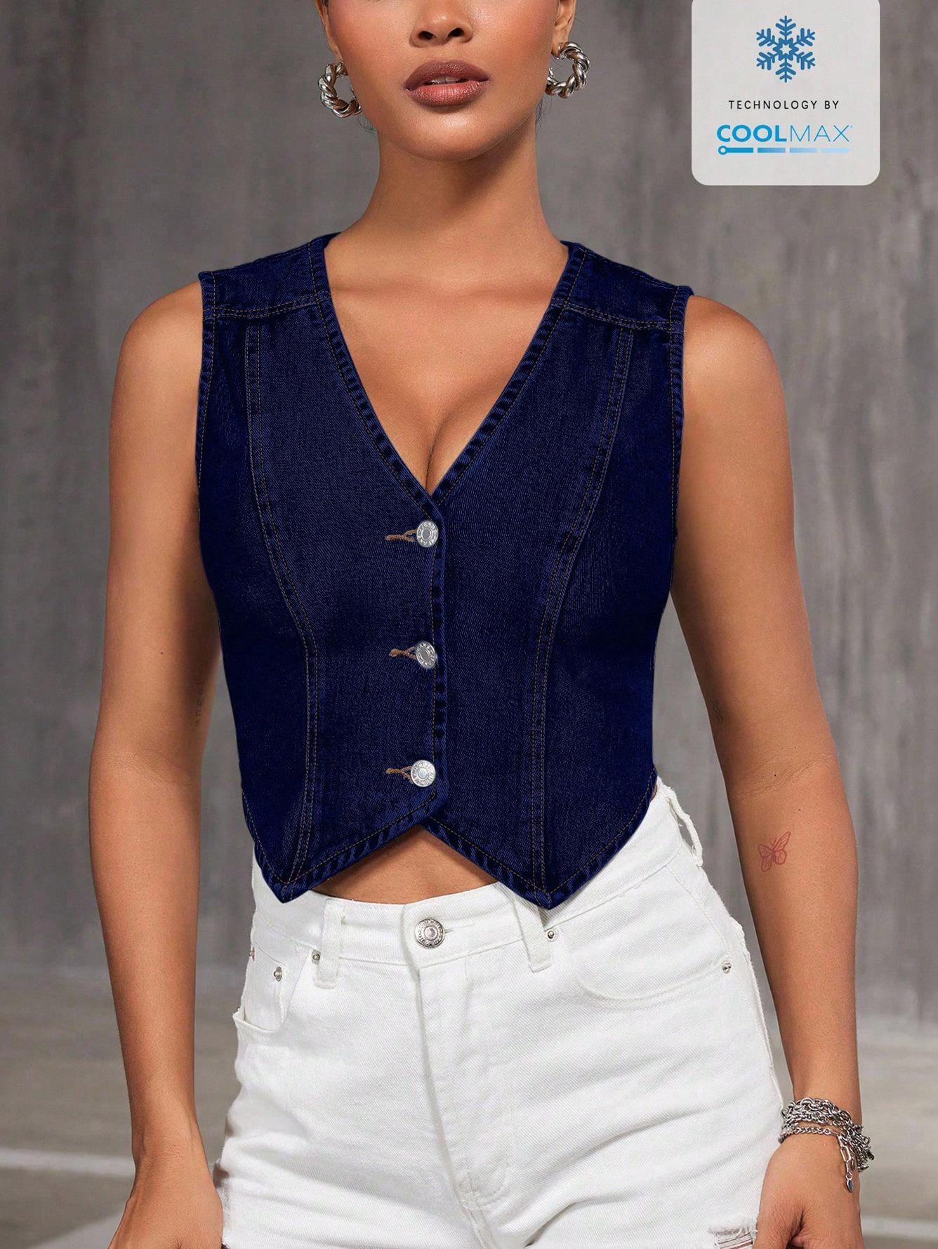 

Женский джинсовый топ-жилет с V-образным вырезом - Европейский и американский стиль Small