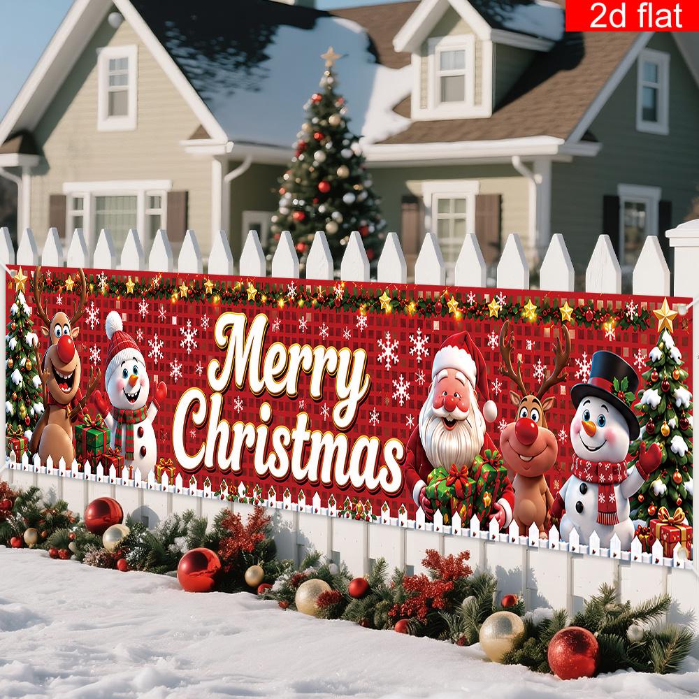 Merry Christmas Yard Sign Party Banner, Cartoon Santa Red Nose Reindeer Snowman Red Plaid Design, Polyester Outdoor Decoration